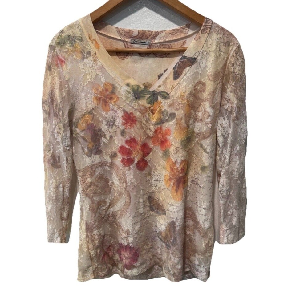 Y2k 90s Sheer Floral Butterfly Lace Mesh long sleeve Shirt Fairy core Size XL‎